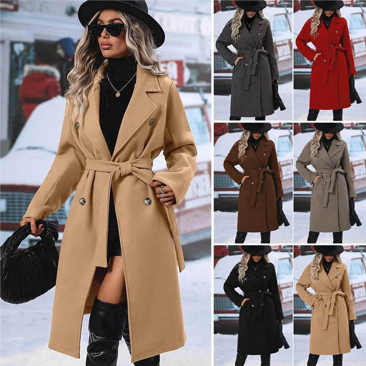 Women's double-breasted wool coat with belt and wide lapel collar Mune Fashion