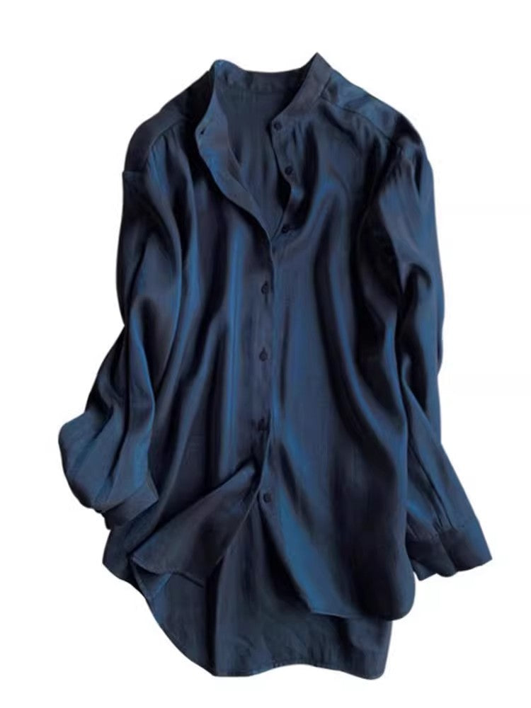 Ladies Elegant Satin Blouse with Stand-Up Collar Drune