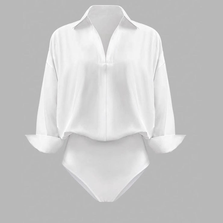 Women Elegant Shirt Blouse Bodysuit with V-Neck, Oversized Cut and Cuff Flaps Mune Fashion