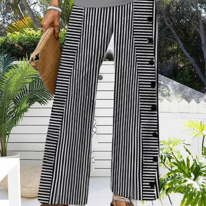 Ladies' wide Palazzo pants with vertical pinstripe look and side button placket Mune Fashion