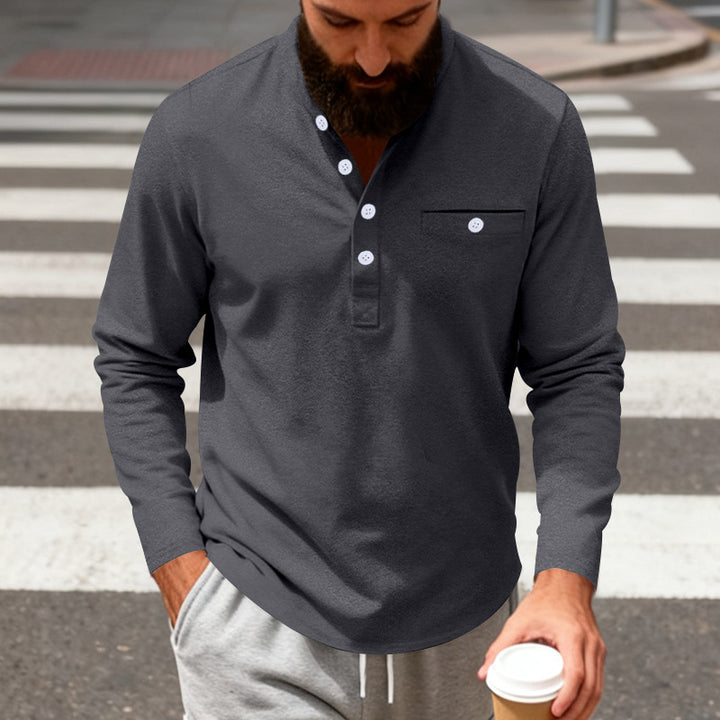 Men's long-sleeved Henley shirt with stand-up collar, breast pocket, and decorative button placket Mune Fashion