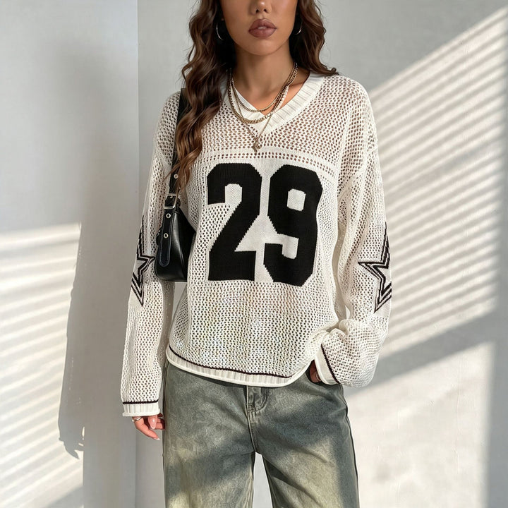 Women Oversize Mesh Knit Cropped Pullover with V-Neck Mune Fashion