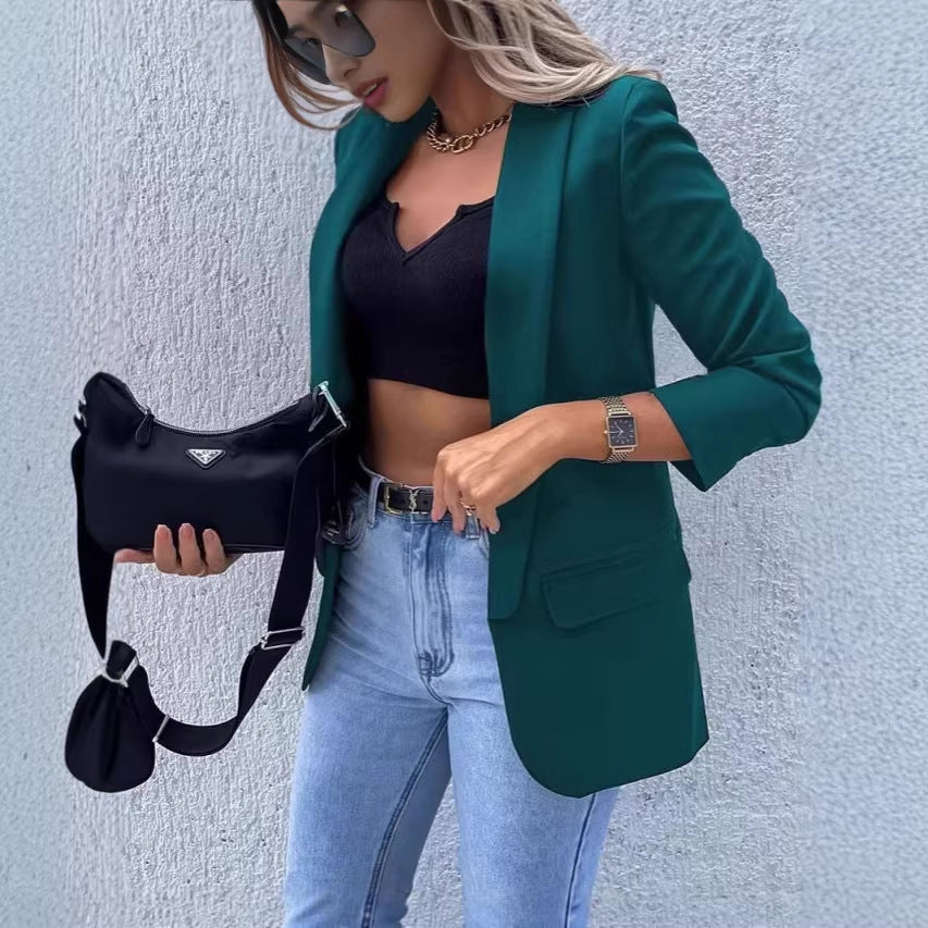 Women Checkered Long Blazer with Casual Fit, Patch Pockets and Three-Quarter Sleeves Drune