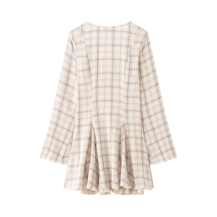 Women's Lightweight V-Neck Midi Dress with Check Pattern, Tailored Godet Skirt and Crinkle Structure Mune Fashion