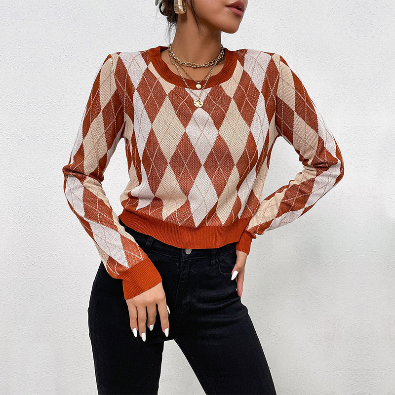 Women's Tailored Short Sweater in Diamond Pattern with Fine Knit and Ribbed Cuffs Mune Fashion