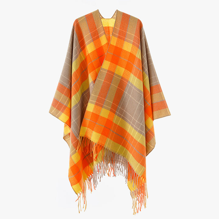 Women Oversize Kimono Cape Poncho in Check Pattern with Fringed Hem Mune Fashion