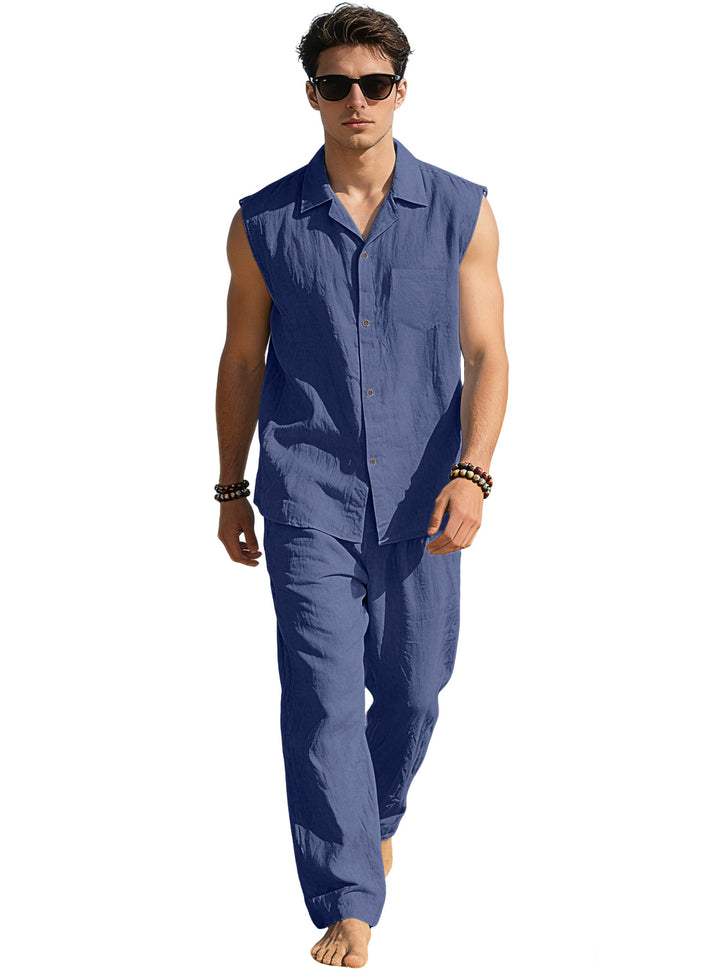 Men's sleeveless linen leisure set with lapel collar, chest pocket, and straight pants Mune Fashion