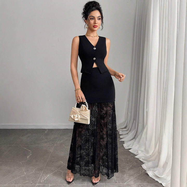 Women two-piece evening set with tailored vest and floor-length lace overlay skirt Mune Fashion
