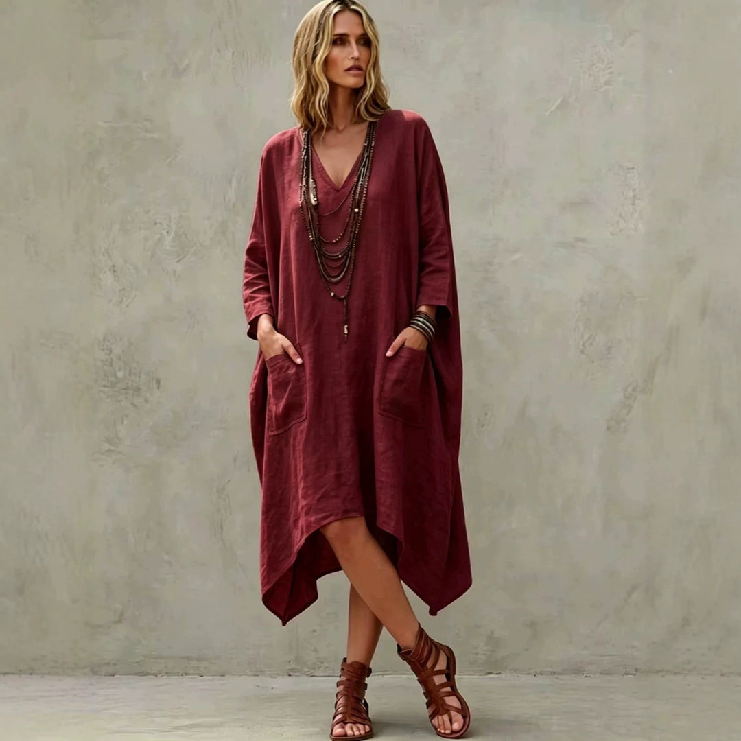 Women's Oversize Kaftan Dress with V-Neck, Side Pockets and Asymmetrical Hem Mune Fashion