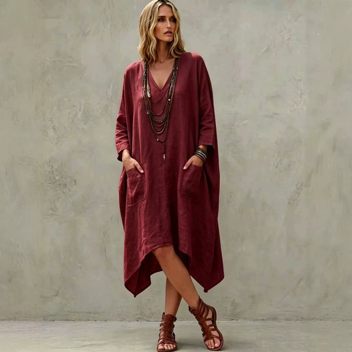 Women's Oversize Kaftan Dress with V-Neck, Side Pockets and Asymmetrical Hem Mune Fashion