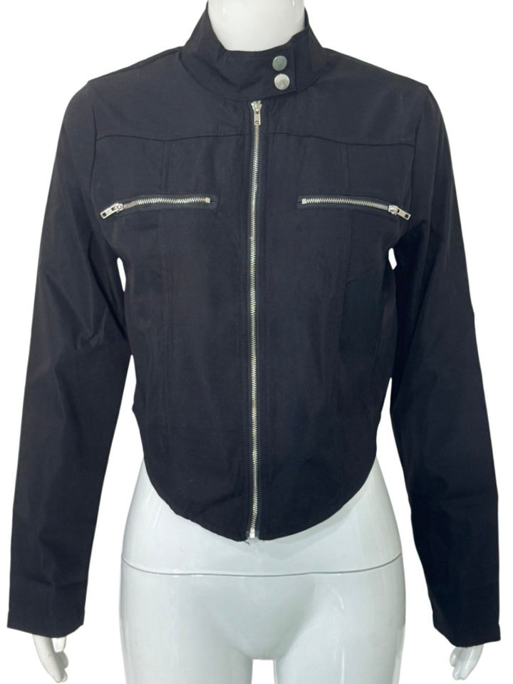 Women's Tailored Bonded Canvas Biker Jacket with Stand-Up Collar and Chest Zippers Mune Fashion