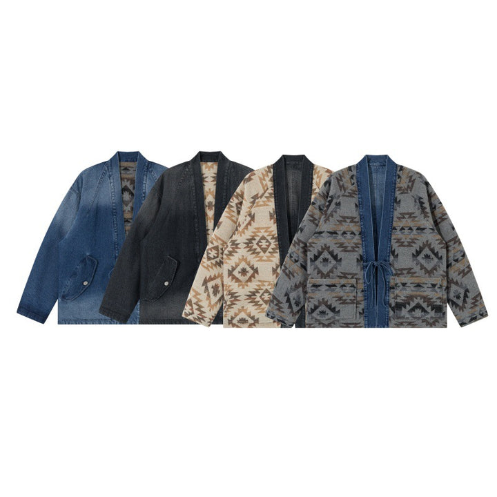 Unisex Jeans Kimono Jacket with Tie Belt and Patterned Lining Mune Fashion