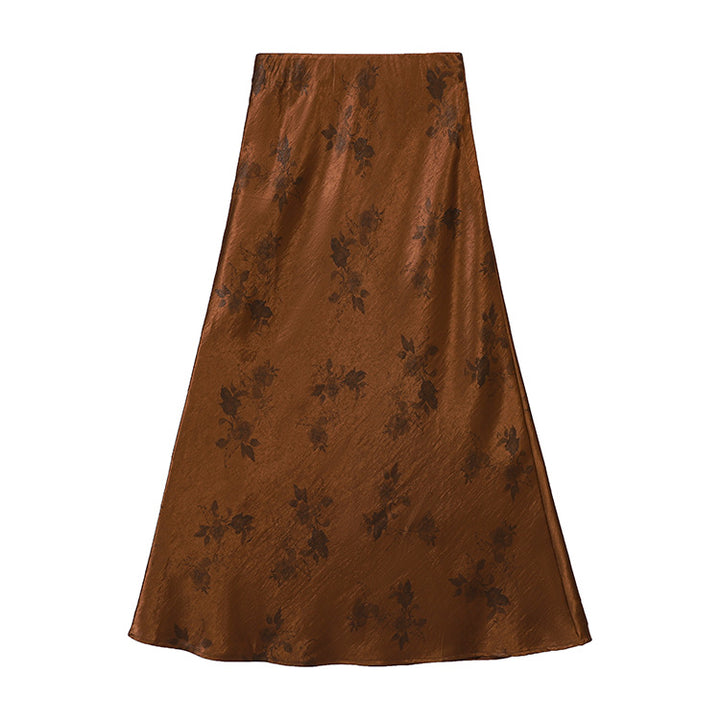 Women's high-waisted A-line midi skirt in jacquard-like satin with floral relief print.