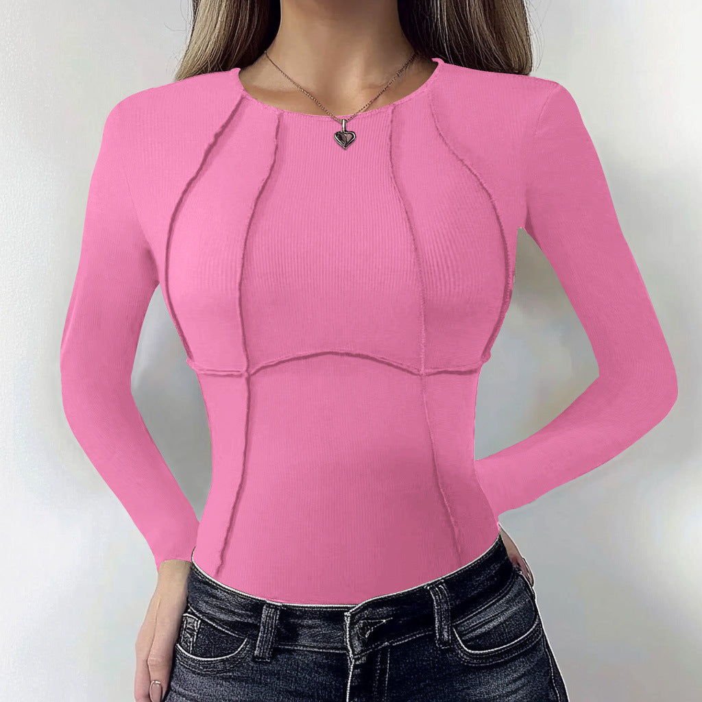 Women's fitted ribbed top in corset look with decorative stitching and round neckline Mune Fashion