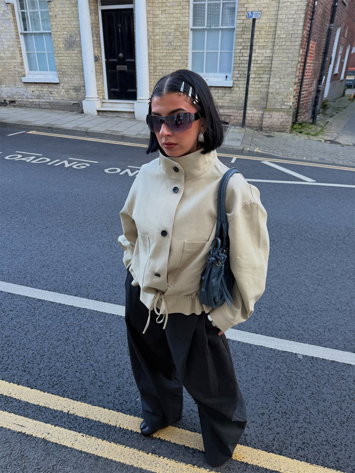 Women's Short-Cut Oversized Canvas Blouson with Stand-Up Collar Mune Fashion