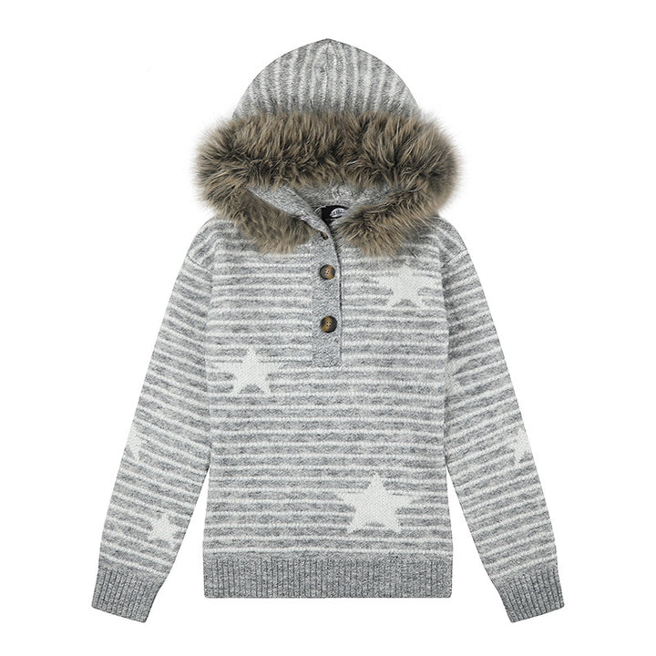 Women's hooded sweater made of fine knit with faux fur trim, star stripe pattern and button placket Mune Fashion