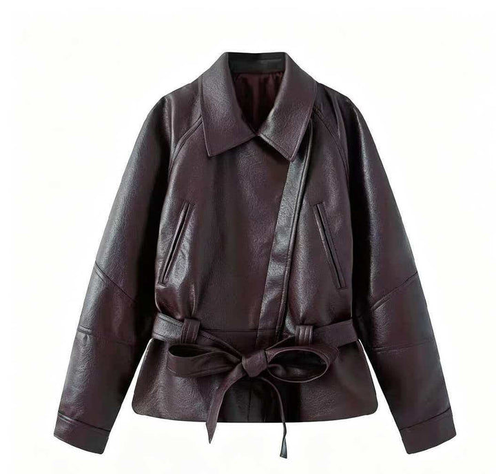 Women's short jacket made of faux leather with a belted waist and shirt collar Mune Fashion