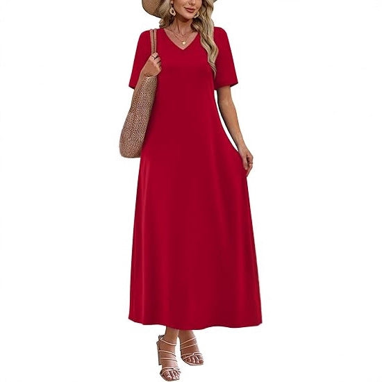 Women's Long A-Line Maxi Dress with V-Neck, Short Sleeves and Side Pockets Mune Fashion