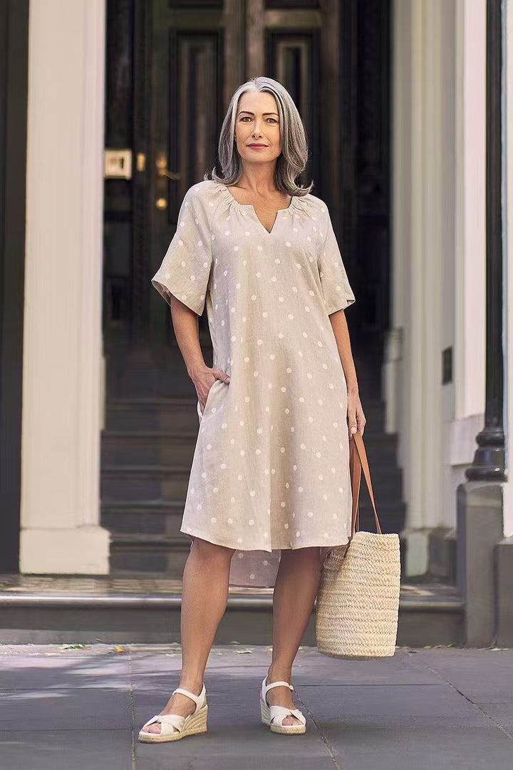 Ladies casual A-line linen look dress with V-neck, gathered shoulder area and side pockets Mune Fashion