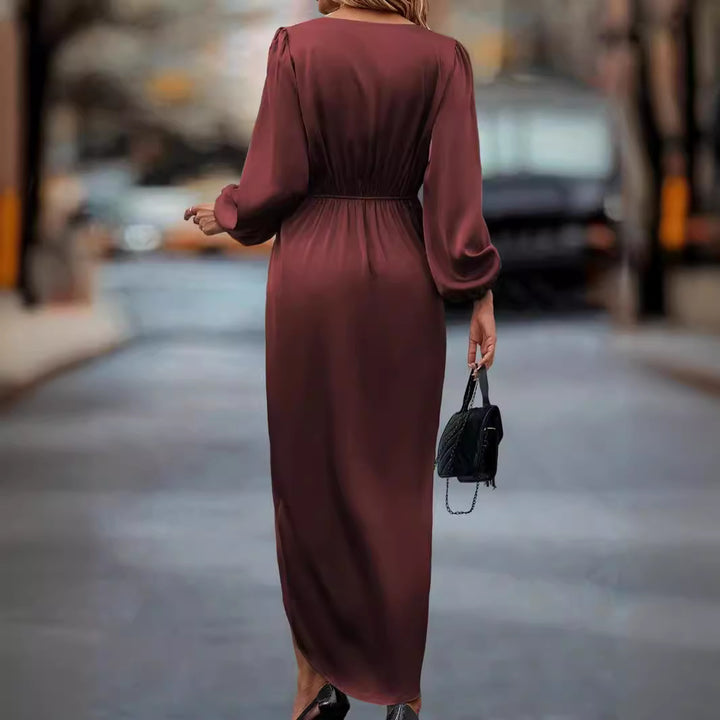 Women's tailored draped midi dress with V-neck, gathering, balloon sleeves, and side wrap slit Mune Fashion