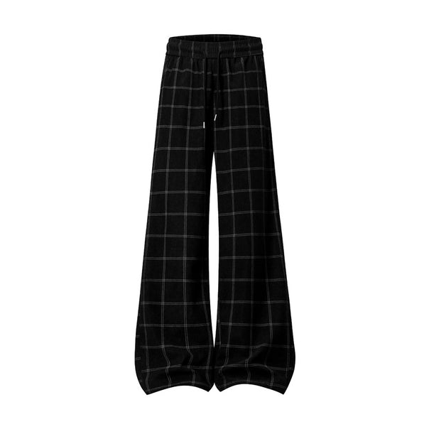 Women's Wide Palazzo Pants in Check Pattern with Elastic Waistband & Drawstring Mune Fashion