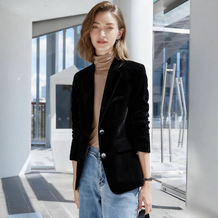 Women's narrow-cut velvet blazer with extended hem, flap pockets, and polished buttons Mune Fashion