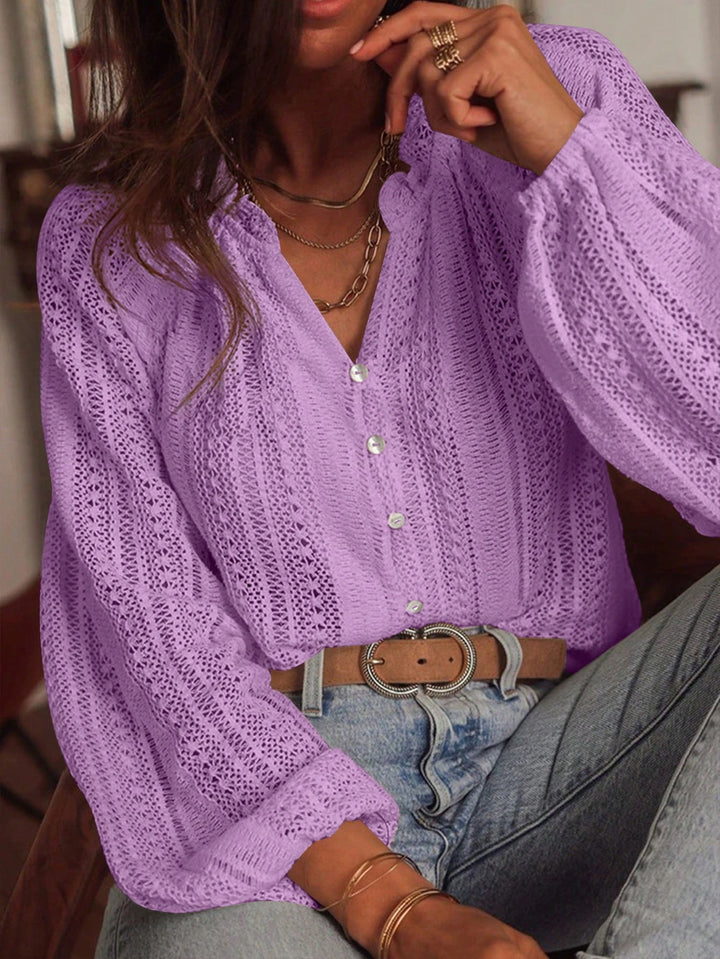 Ladies' crochet blouse with button placket and balloon sleeves Mune Fashion