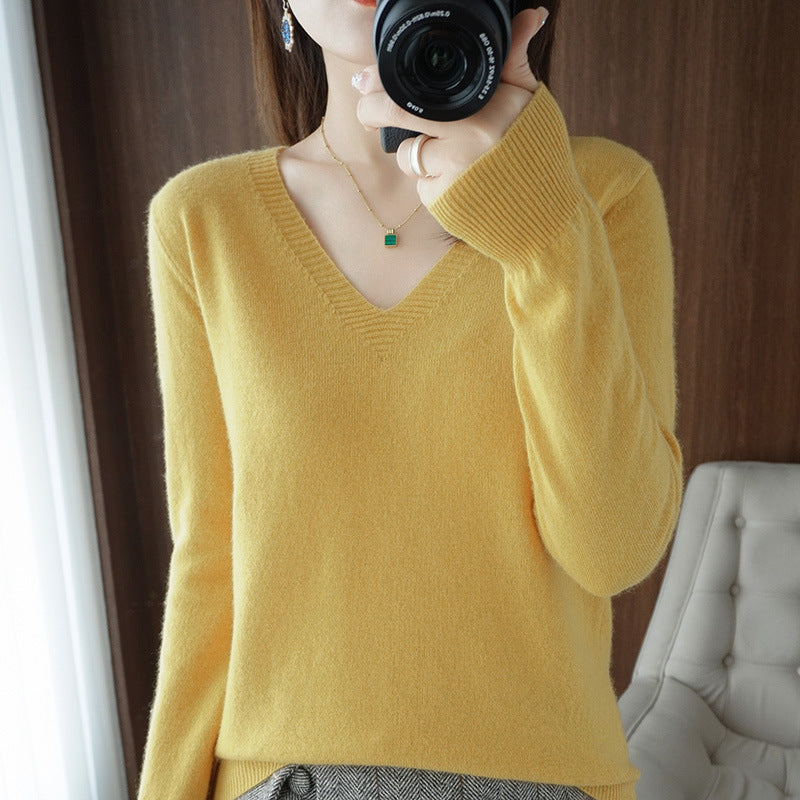 Women Soft V-Neck Cashmere Blend Sweater with Fine Ribbed Cuffs Mune Fashion