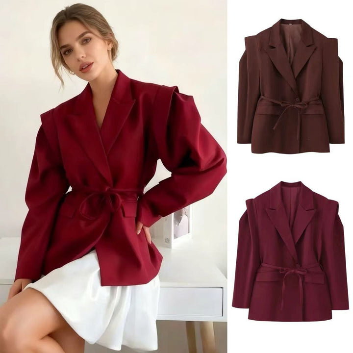 Women's fitted blazer with tie belt, lapel collar and shoulder pads Mune Fashion