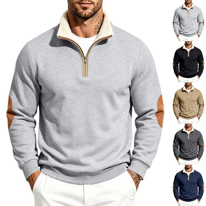 Men's Troyer Half-Zip Pullover with Teddy Fleece Lining, Faux Leather Elbow Patches and Stand-Up Collar Mune Fashion