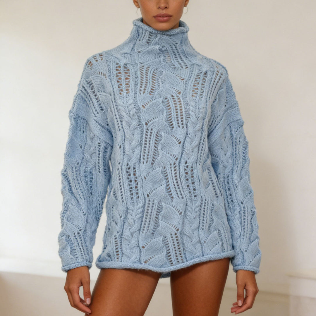Women's Oversize Turtleneck Sweater with Openwork Cable Pattern Mune Fashion