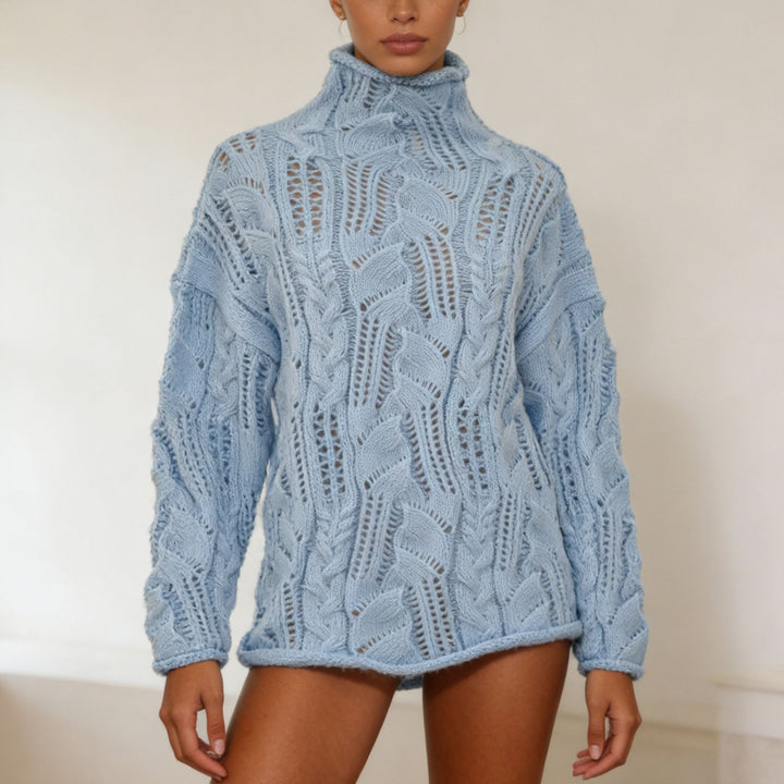 Women's Oversize Turtleneck Sweater with Openwork Cable Pattern Mune Fashion