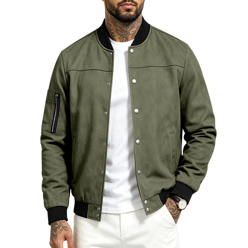 Men's Suede-Look Bomber Jacket with Snap Button Placket, Arm Pocket and Ribbed Cuffs Mune Fashion