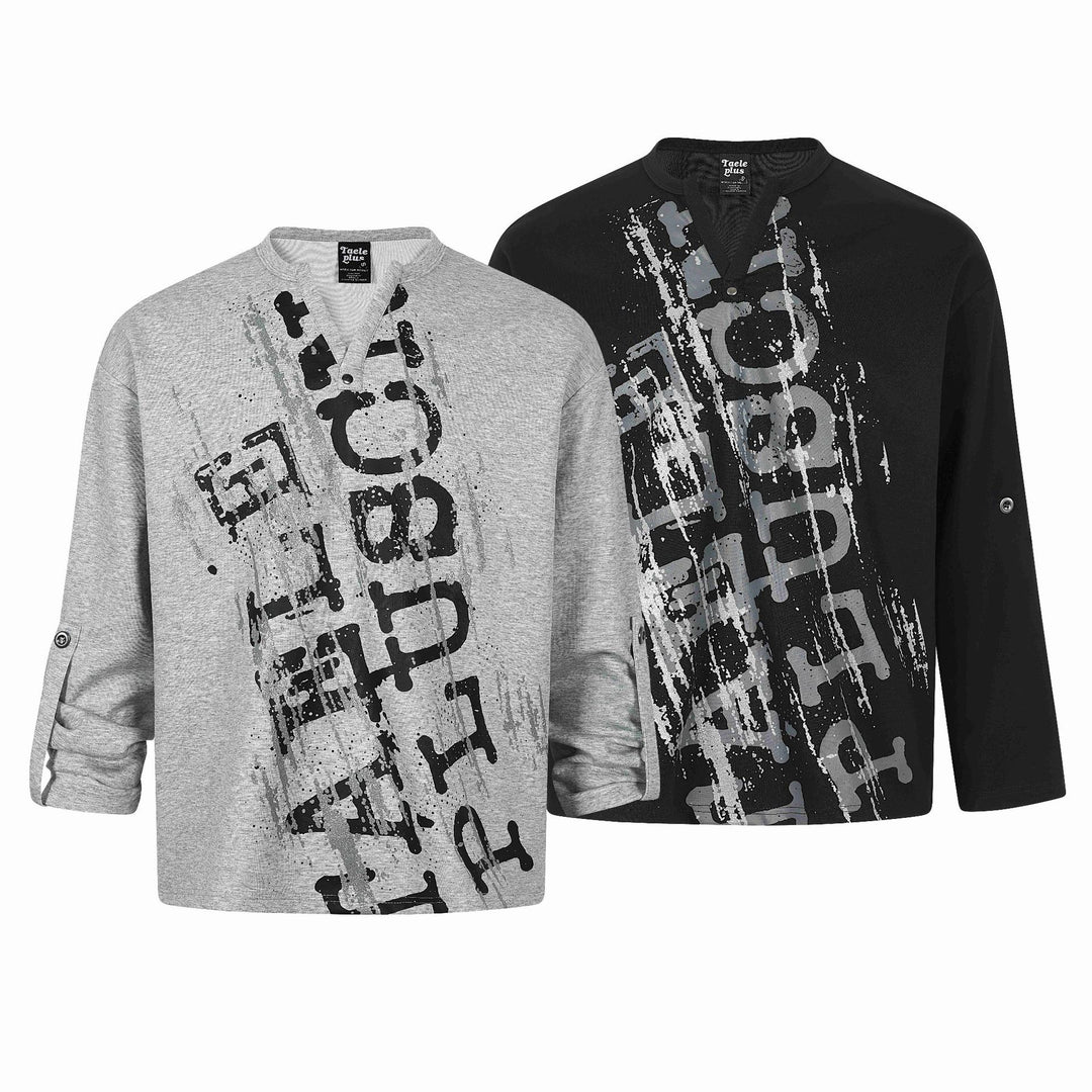 Unisex Oversize Henley Sweatshirt with Notch Collar, 3/4 Sleeves and Print Mune Fashion