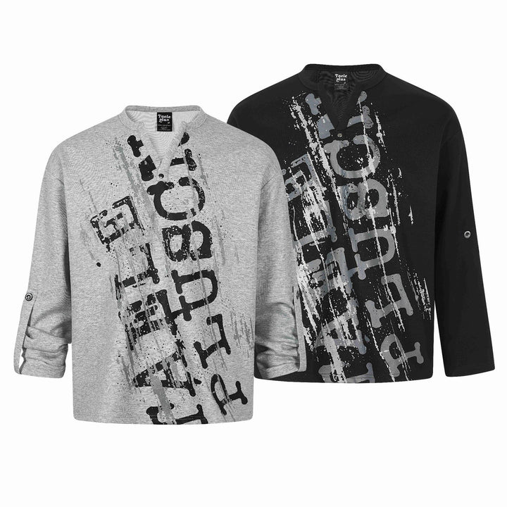 Unisex Oversize Henley Sweatshirt with Notch Collar, 3/4 Sleeves and Print Mune Fashion