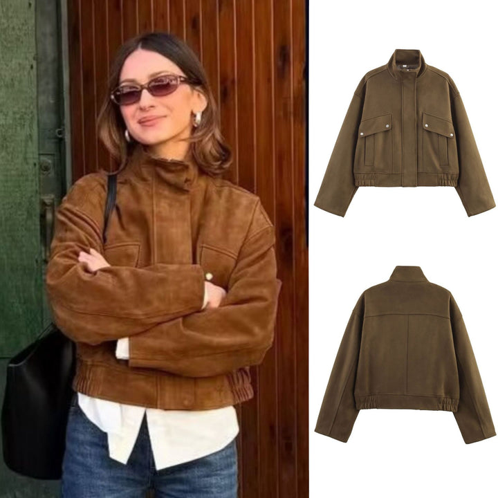 Women's short oversized jacket in suede look with stand-up collar, patch pockets, and elastic waistband Mune Fashion
