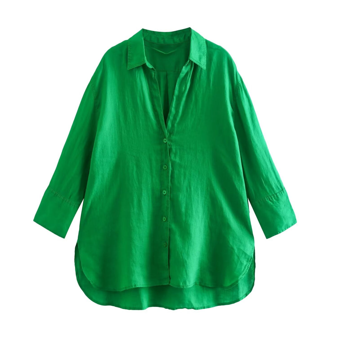 Women's Lightweight Oversized Shirt with High Back Hem, Linen Look and Concealed Button Placket Mune Fashion