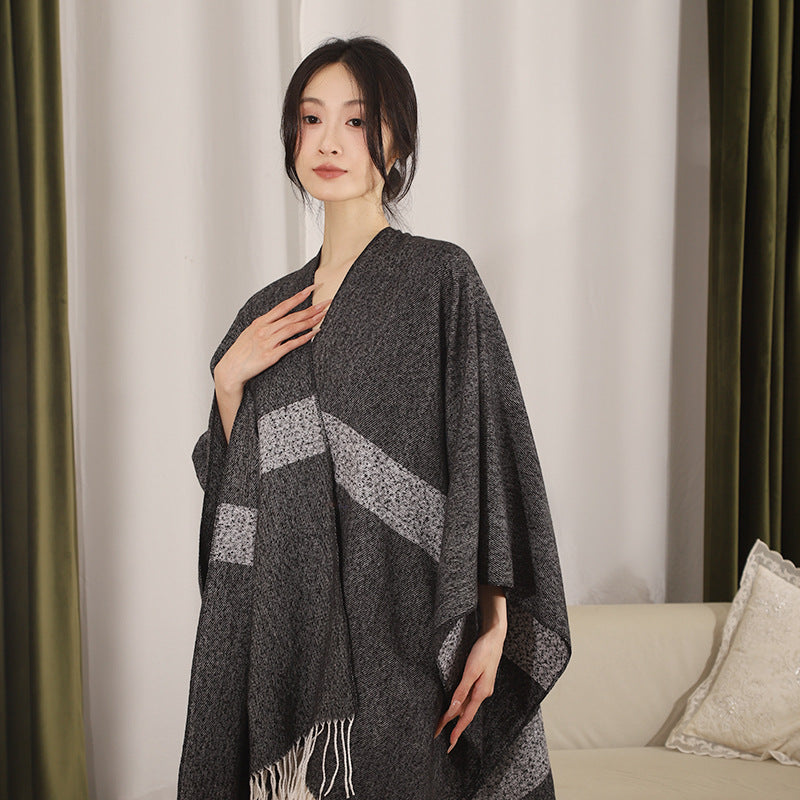 Women Oversize Cape Poncho made of wool blend with diagonal contrast edge and fringes Mune Fashion