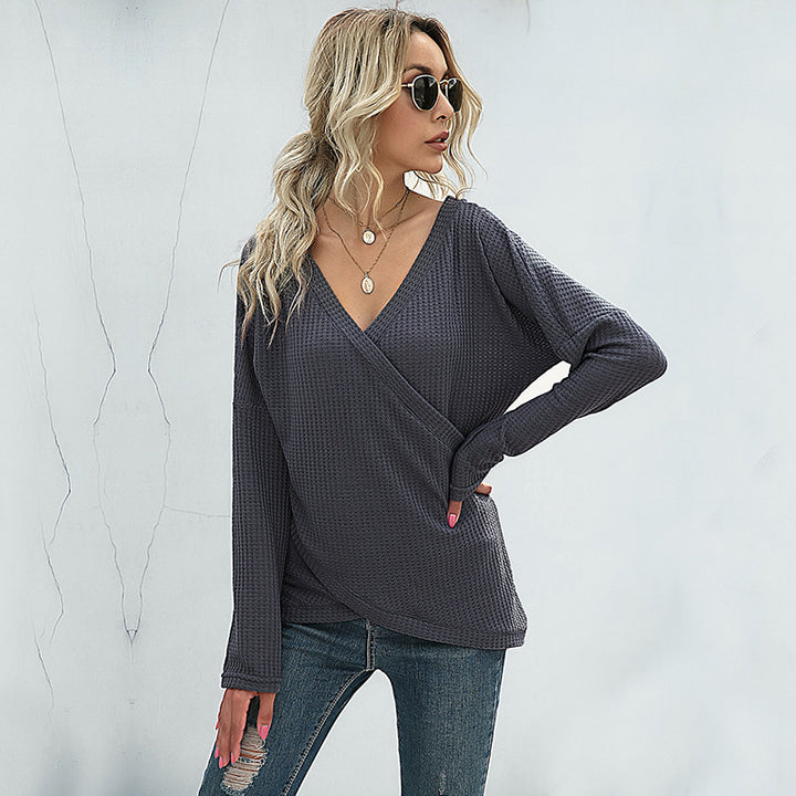 Women's Waffle Knit Wrap Shirt with V-Neck and Long Sleeves Mune Fashion