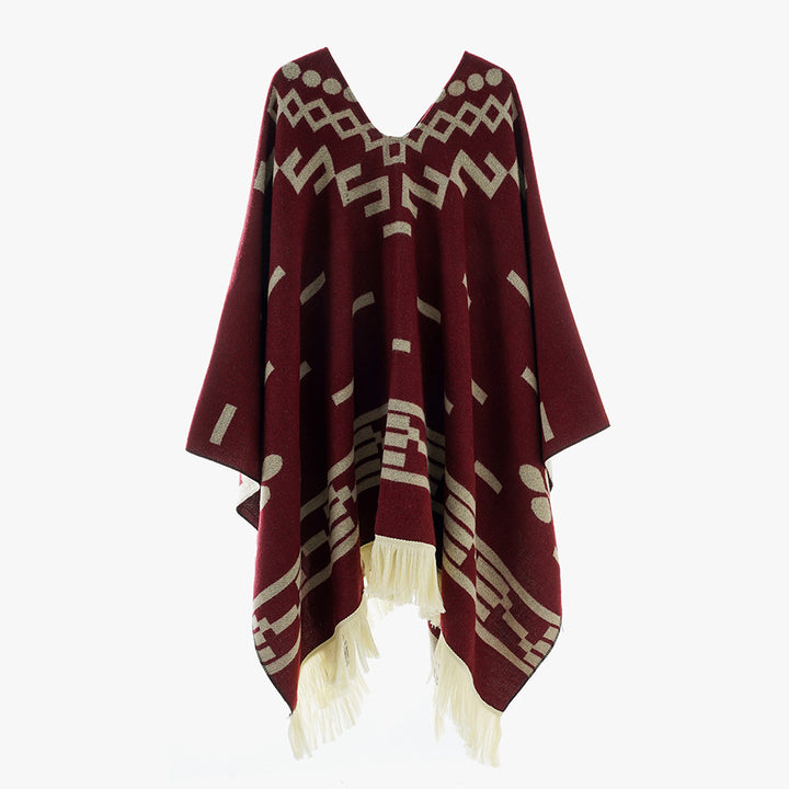 Women's Oversize Poncho in Boho Style with V-neck, Jacquard Pattern and Long Fringes Mune Fashion