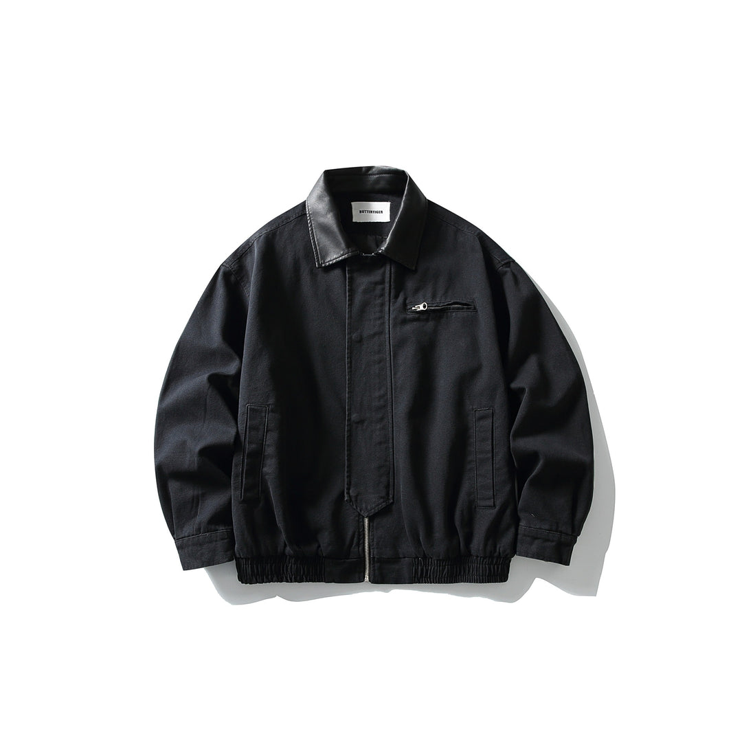 Men's short-cut boxy blouson with contrasting leather collar Mune Fashion