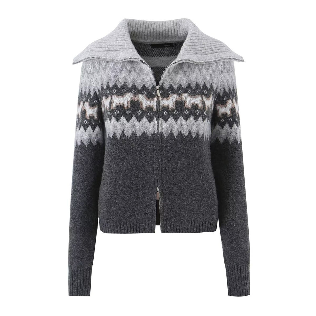 Women's Knitted Zip Cardigan with Norwegian Pattern and Extra Wide Turn-Down Collar Mune Fashion