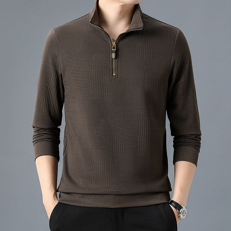 Men's Structured Pullover with Half Zipper High Stand Collar and Geometric Relief Structure Mune Fashion
