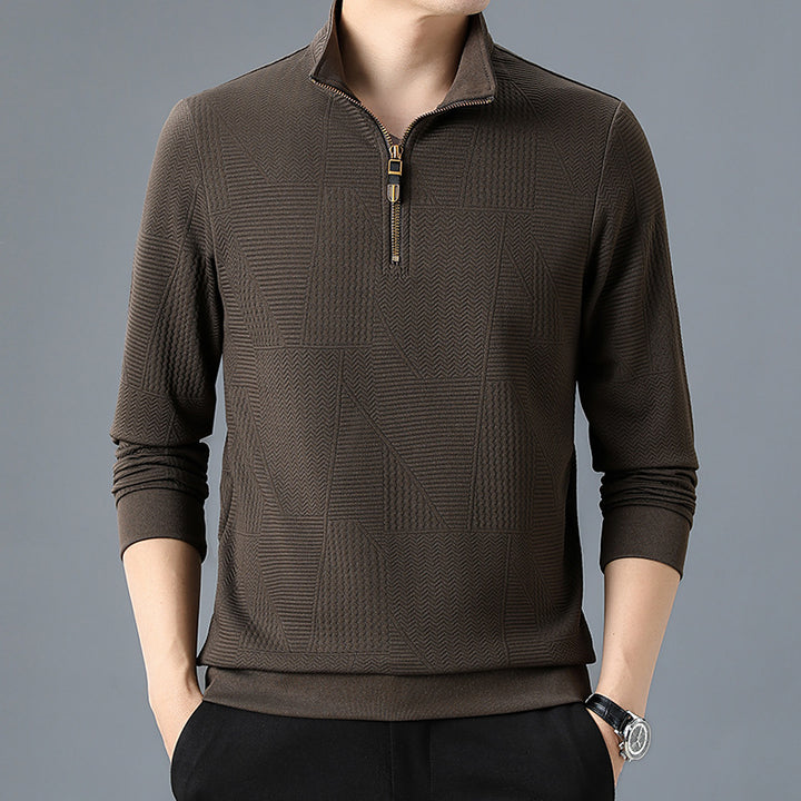 Men's Structured Pullover with Half Zipper High Stand Collar and Geometric Relief Structure Mune Fashion