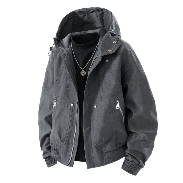Men's lightweight utility hooded jacket with stowable hood, water-repellent coating, zippered pockets, and elastic cuffs Mune Fashion