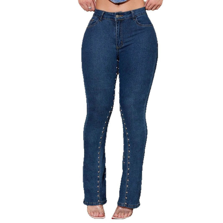 Women's high-waisted jeans with slim thigh, flared leg and front snap button placket Mune Fashion