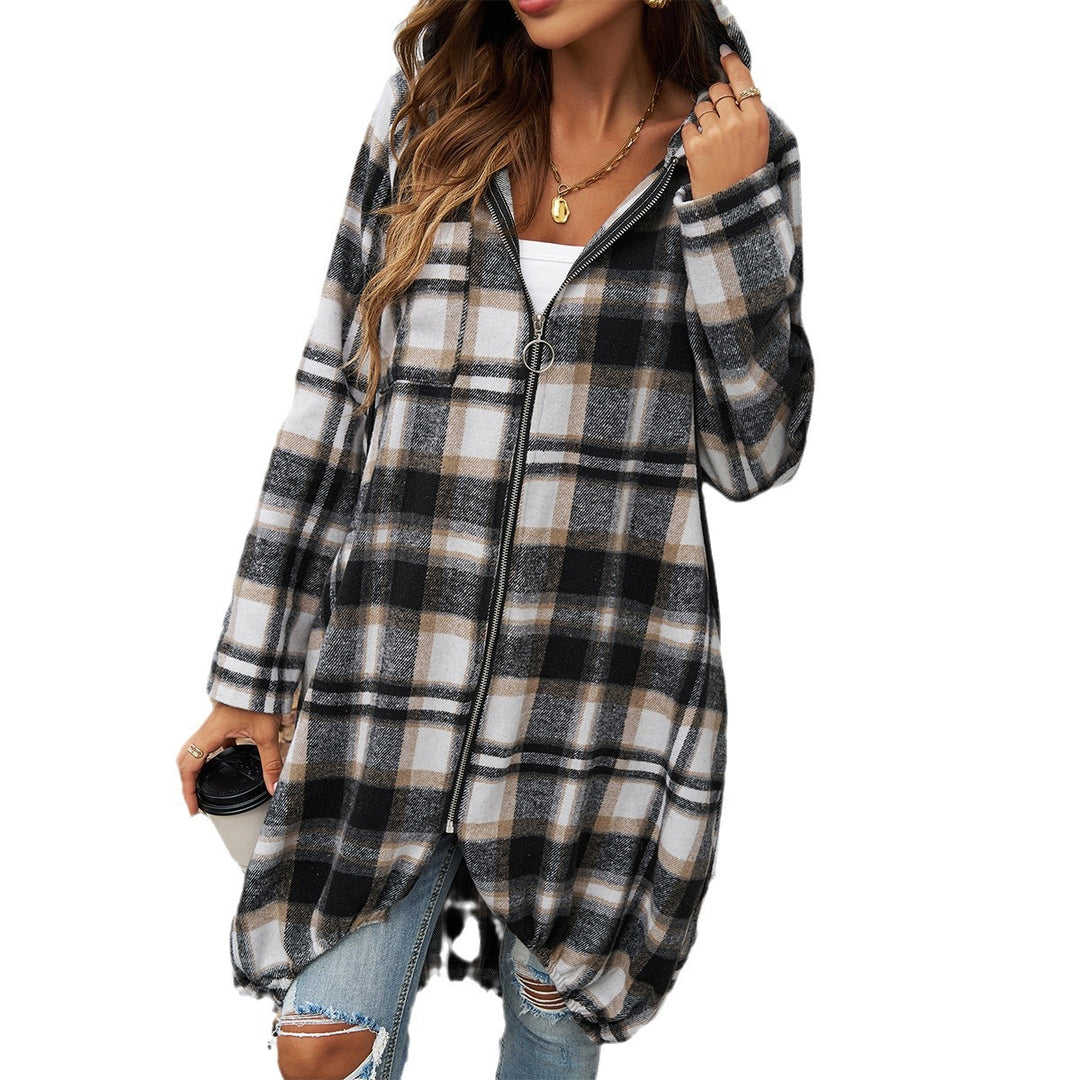 Women's longer hooded coat in check pattern with zipper and balloon-shaped hem Mune Fashion