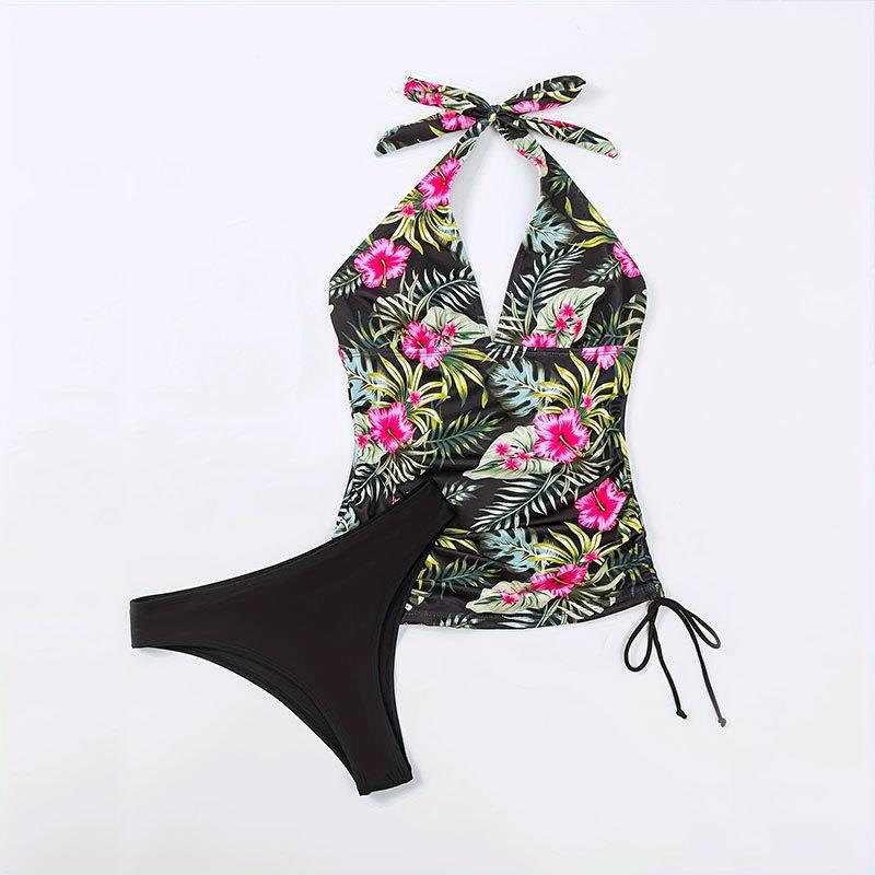 Women's Tankini Set with Floral Design and Adjustable Halter Neck