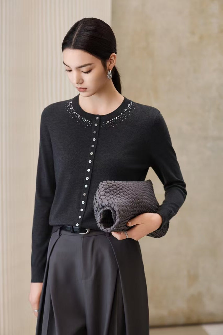 Women Fine Fine Knit Cardigan with Bead Decor at Crew Neck