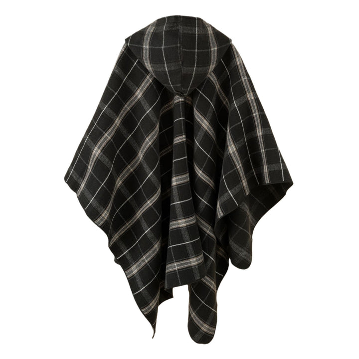 Ladies' hooded poncho with plaid pattern, softly draping wool blend and open oversized fit
